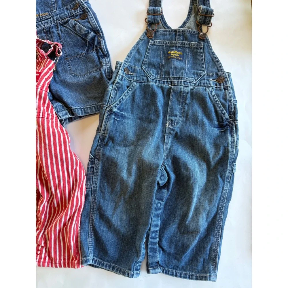OshKosh B'gosh Toddler Overalls Bundle 18M Denim & Red Striped 3 PC Shortall